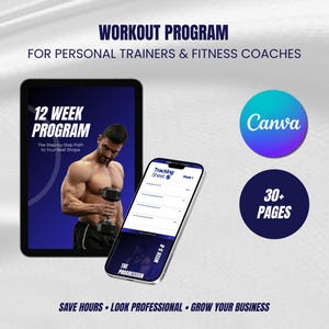 Könnte beinhalten: Ein digitales Trainingsprogramm für Personal Trainer und Fitnesstrainer. Das Bild zeigt ein Tablet und ein Smartphone, die den Inhalt des Programms anzeigen. Das Tablet zeigt ein 12-Wochen-Programm mit einem muskulösen Mann.