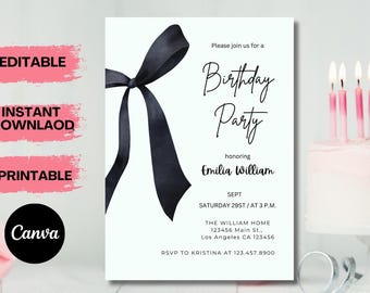 Black Bow Birthday Invitation, Minimalist Black Bow Birthday Invite, Coquette Black Bow Invitation, Canva Editable