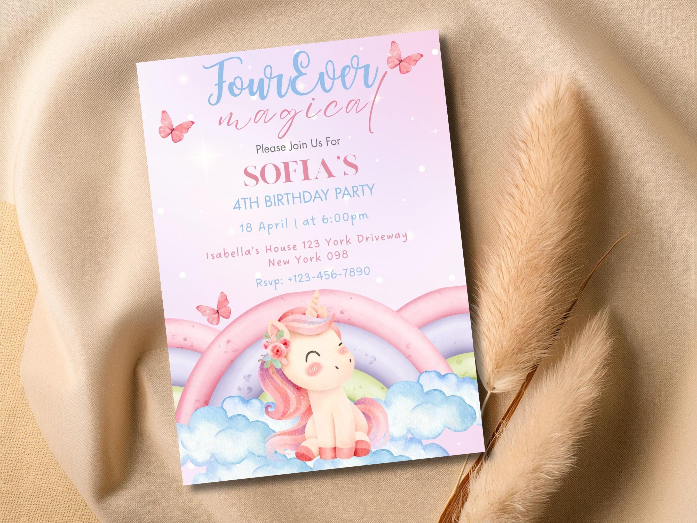 Editable Unicorn Four Ever Magical 4th Party Birthday Invitation ...