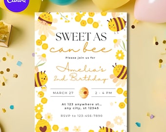 Plantilla editable de invitación de cumpleaños de abeja, invitación de cumpleaños de abeja, invitación de abeja, primer cumpleaños de abeja