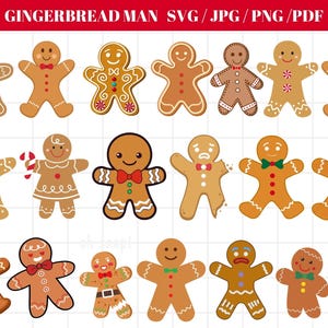 May include: A collection of gingerbread man illustrations in various designs. The gingerbread men are in different poses and decorated with icing details, including bow ties, buttons, and smiles. The image includes the text "GINGERBREAD MAN SVG / JPG / PNG / PDF".