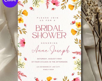 Boho Floral Bridal Shower Invitation, Wildflower Bridal Shower Editable Invitation Template, Wildflowers Shower Invite Printable, Download