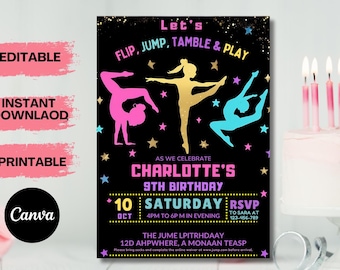 Gymnastics Birthday Invitation, Girl Gymnast Birthday Invite, Gymnastics Party Invitation Girl Birthday Party, Editable Canva Template