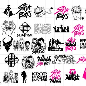 May include: A collection of black and white and pink graphic designs. The designs include stylized illustrations of animals, people, and text. The text includes "Saja Boys", "K-Pop Demon Hunters", and "Huntrax".