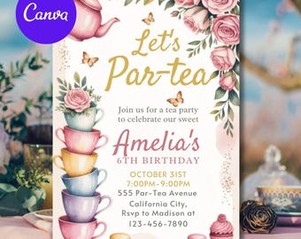 Editable Tea Party Birthday Invitation, Par-tea Invitation, Girl Par-tea Invite, Pink Gold Whimsical Tea Party, 5x7 Invites