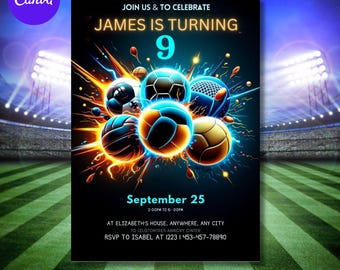 Könnte beinhalten: Eine digitale Einladung für eine Fußball-Geburtstagsfeier. Das Design zeigt mehrere Fußbälle mit leuchtenden orangefarbenen und blauen Akzenten. Der Text enthält "James wird 9" und Veranstaltungsdetails für den 25. September.