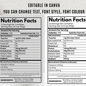 May include: Two nutrition facts labels side-by-side, with the text "Nutrition Facts" at the top. The labels show nutritional information, including calories, fat, carbohydrates, and ingredients like rice flour, coconut water, and pistachios. The text "EDITABLE IN CANVA" is at the top.