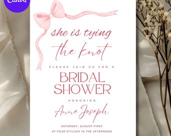 She's Tying the Knot Bridal Shower Invitation, Elegant Pink Bow Bridal Shower Invite, Instant Editable Digital or Printed