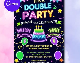 Bowling Birthday Invitation, Bowling Invitation, Editable Kids Neon Strike Up Bowling Party Invites, 5x7 Canva