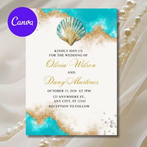May include: Wedding invitation with a seashell design. The invitation features a teal and gold watercolor background with the names Olivia Wilson and Dany Martines in elegant gold script. The text reads "Kindly join us for the wedding of..." and includes the date, time, and location.