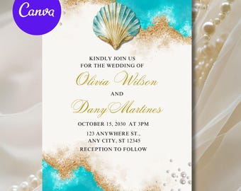 Beach Wedding Invitation - Soft Blue Shell Art Wedding Invite Template - Editable Canva Invitation - Printable Coastal Wedding Invitation