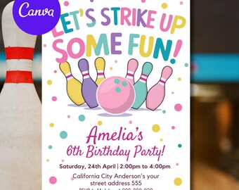 Bowling Birthday Invitation, Bowling Invitation, Editable Kids Neon Strike Up Bowling Party Invites, 5x7 Canva