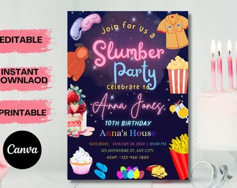 Invito di compleanno per pigiama party, invito stampabile per pigiama party, pigiama party, pigiama party, modello modificabile con luce al neon retrò, download immediato
