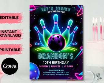 Neon Bowling Birthday Invitation Template Bowling Strike Party Invitation Sport Party Invite Rainbow Glow in the Dark Invite