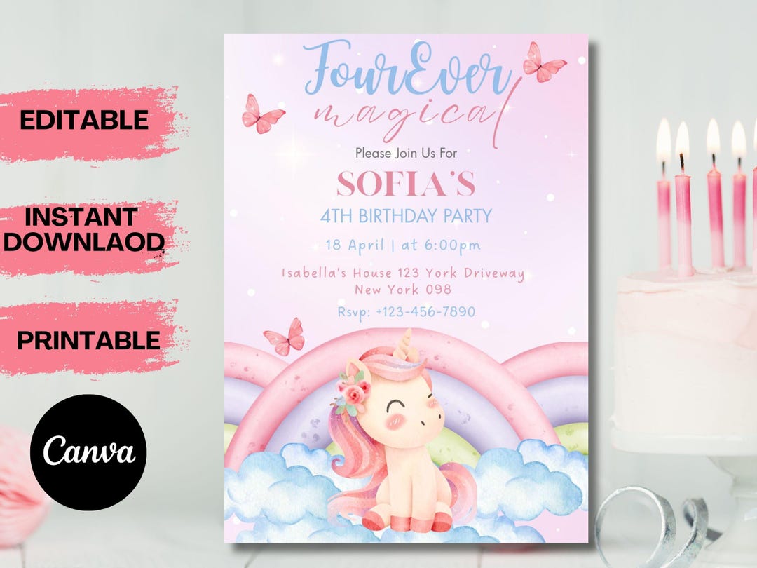 Editable Unicorn Four Ever Magical 4th Party Birthday Invitation ...