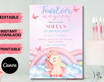 Editable Unicorn Four Ever Magical 4th Party Birthday Invitation Magical Whimsical Pastel Rainbow Unicorn 4th Birthday Instant Download