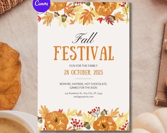 May include: A rectangular invitation with a fall theme. The text "Fall Festival" is in large orange letters. The date is October 28, 2023. The invitation includes watercolor illustrations of pumpkins, leaves, and acorns.