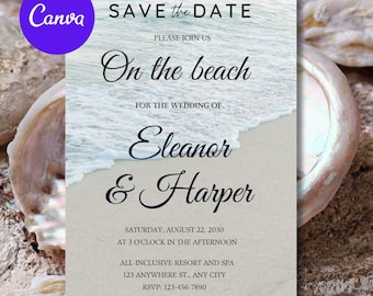 Beach Wedding Invitation - Soft Blue Shell Art Wedding Invite Template - Editable Canva Invitation - Printable Coastal Wedding Invitation
