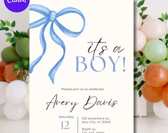 May include: A baby shower invitation with a watercolor blue bow and the text "it's a BOY!". The invitation includes the name "Avery Davis", date, time, and RSVP information. The design is on a white background.