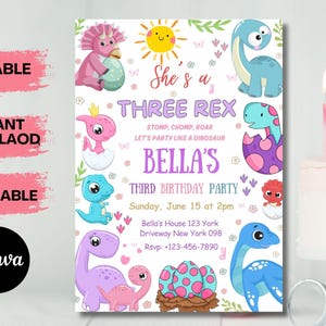 Dinosaur Birthday Invitation, Editable Three Rex Birthday Invite, Boys Third Birthday Dino Party, Three-Rex On The Loose