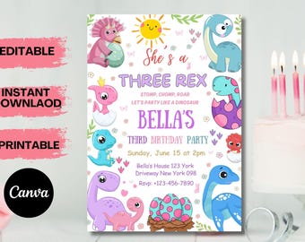 Dinosaur Birthday Invitation, Editable Three Rex Birthday Invite, Boys Third Birthday Dino Party, Three-Rex On The Loose