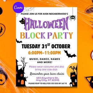 Może przedstawiać: Zaproszenie na Halloween Block Party na pomarańczowym tle. Ulotka zawiera tekst "Halloween Block Party" w kolorze fioletowym i pomarańczowym, ze szczegółami dotyczącymi wydarzenia, w tym datą, godziną i miejscem.