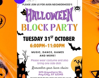 Halloween Block Party Flyer, Editable Halloween Neighborhood Party Invite Template, Halloween Party Announcement, Trick or Treat