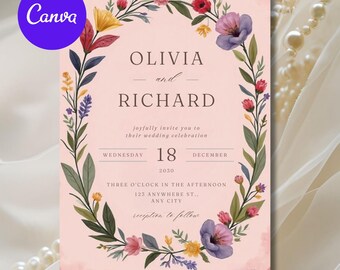 Pink Floral Wedding Invitation Template, Colorful Summer Wedding Invitation Suite, Whimsical Botanical Invite, Editable Instant Download