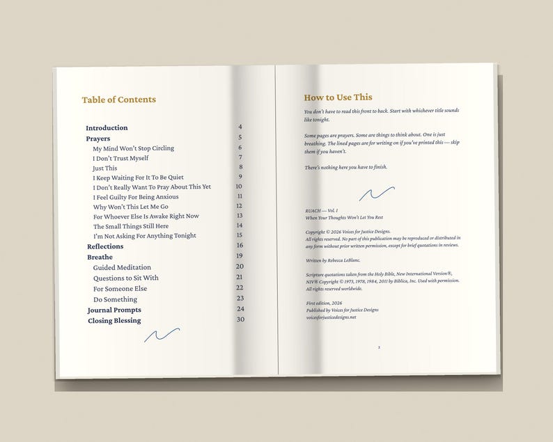 Puede incluir: Un libro abierto que muestra una tabla de contenidos en la p&aacute;gina izquierda y una secci&oacute;n de instrucciones en la derecha. El texto incluye t&iacute;tulos como My Mind Won't Stop Circling, I Don't Trust Myself y Guided Meditation con n&uacute;meros de p&aacute;gina.