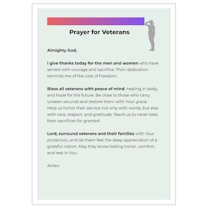 Veterans Day Prayer Card | Nr 12 Of Collection | 5x7 Printed Prayer Of Gratitude For Veterans