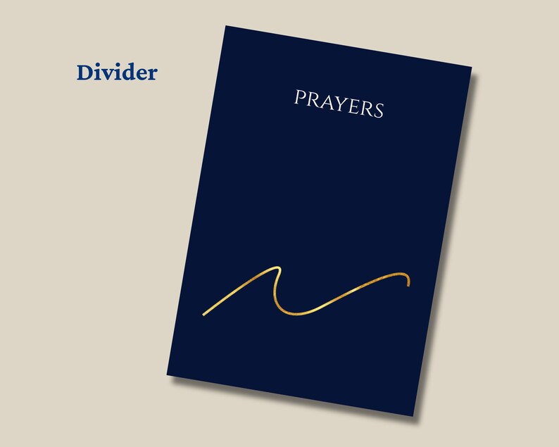 Puede incluir: Un separador rectangular de color azul oscuro con la palabra PRAYERS impresa en letras may&uacute;sculas blancas en la parte superior. Debajo del texto, una l&iacute;nea dorada continua forma una onda en la parte inferior de la superficie azul.