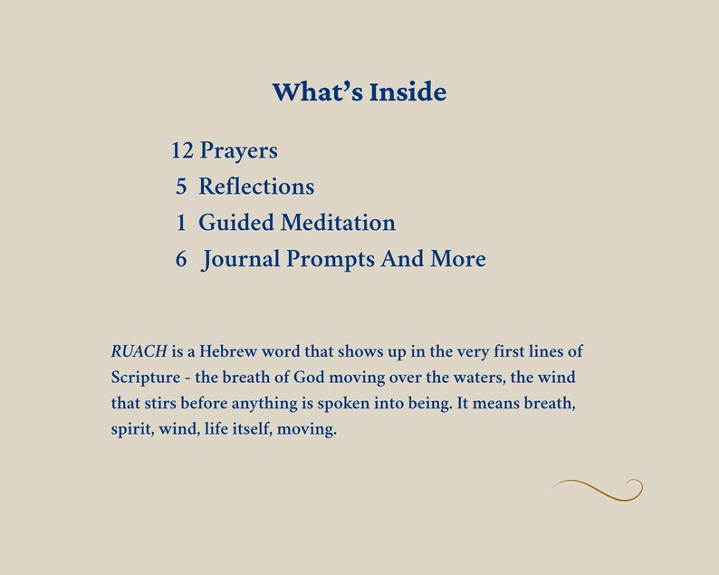 Puede incluir: Una tarjeta informativa beige con texto azul oscuro titulado What's Inside, que enumera 12 Prayers, 5 Reflections, 1 Guided Meditation y 6 Journal Prompts And More. Un p&aacute;rrafo define la palabra hebrea RUACH como aliento, esp&iacute;ritu y viento.