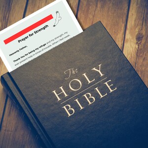 Pode incluir: Uma B&iacute;blia azul escura com letras douradas que dizem "The Holy Bible". Um marcador com o texto "Prayer for Strength" e um desenho de um p&aacute;ssaro &eacute; inserido. A B&iacute;blia est&aacute; sobre uma superf&iacute;cie de madeira.