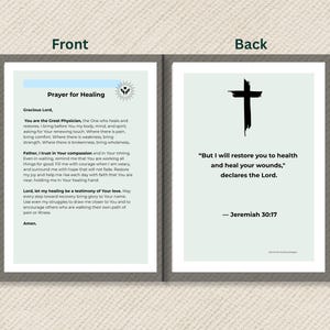 Puede incluir: Una tarjeta de doble cara con un borde azul claro. La parte delantera presenta el texto "Oraci&oacute;n por la curaci&oacute;n" y una oraci&oacute;n. La parte posterior tiene una cruz negra y una cita de Jerem&iacute;as 30:17.