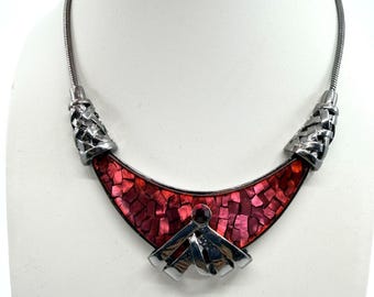 VTG Red Faux Mother of Pearl Mosaic Crescent Bib Gunmetal Snake Chain Necklace