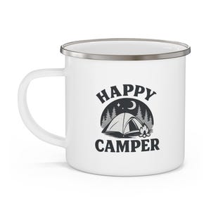 Happy Camper Enamel Camping Mug | Outdoor Enthusiast Gift | Rustic Camping Supplies | Gift for Hikers | Adventure Travel Mug