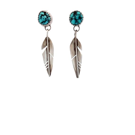 Turquoise Feather Earrings Sterling Silver Native American Style Jewelry