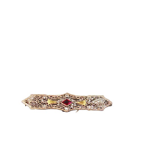 Antique Art Deco 10K Gold Filigree Garnet Brooch Pin White Yellow Gold