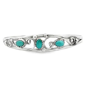 May include: A silver-toned bracelet featuring three oval turquoise stones. The bracelet has a delicate, openwork design with swirling patterns and small decorative elements. The turquoise stones are set in a bezel setting.