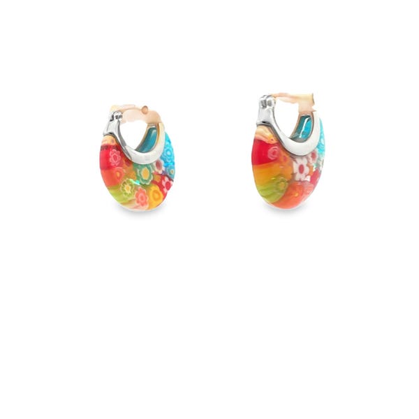 Murano Style Millefiori Multicolor Glass Hoop Earrings Stainless Steel
