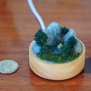 May include: A miniature landscape diorama featuring a mountain range, trees, and a small tent, set within a wooden base. The scene is detailed with green moss and a small stream. A US quarter is next to the diorama.