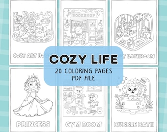 Cozy Life Coloring Pages for Kids 20 Printable Cute Cozy Scenes PDF Fun Relaxing Coloring Book Digital Download Animals, Rooms, Activities