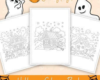 May include: Three Halloween coloring books with line art illustrations of haunted houses, ghosts, and a witch. The words "12 Coloring Pages" and "Halloween Coloring Books" are displayed on the image. The background is light orange with Halloween-themed graphics.