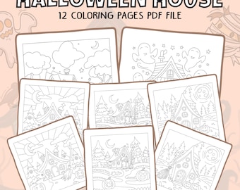 Puede incluir: Una colección de 12 páginas para colorear de Halloween House en formato PDF. Las ilustraciones en blanco y negro presentan casas espeluznantes, calabazas, fantasmas y otros elementos temáticos de Halloween. El texto "HALLOWEEN HOUSE" y "12 COLORING PAGES PDF FILE" se muestra en la parte superior.