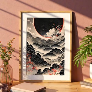 Japanese Moon and Waves Jigsaw Puzzle – Traditional Japanese Art Puzzle with Sakura, Black Sun, and Zen Landscape