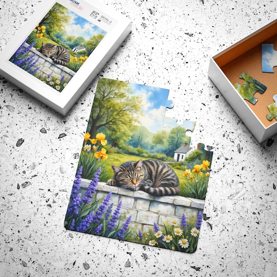 30 Piece Dementia Jigsaw Puzzle for Seniors | Sleeping Cat Cottage Garden Puzzle | Watercolor Cat Gift for Elderly Adults and Caregivers