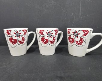 Rare Oneida BRIELLE 3 Cups/Mugs White Porcelain Red & Black Fower