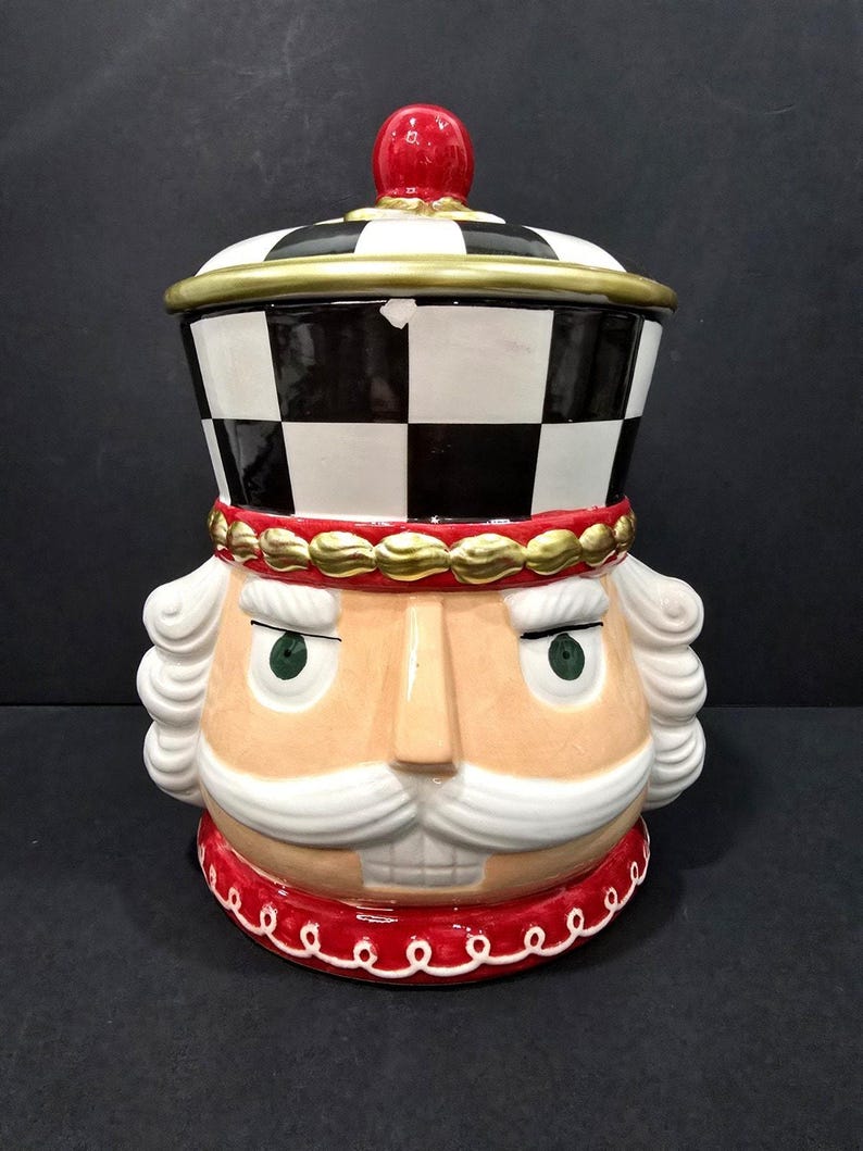 Cascanueces de cerámica Buckingham, imitación de Mackenzie Childs, tarro de galletas de 11.5" imagen 1