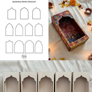 Könnte beinhalten: Ein dekorativer Holzbehälter mit farbenfrohen Verzierungen und fünf kleinere Holzboxen mit bogenförmigen Öffnungen. Der Text "Digital Download" und "Jharokha Wooden Box" sind zu sehen. Die Boxen sind wahrscheinlich für die Aufbewahrung oder Präsentation.