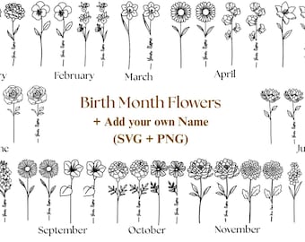 Pakiet kwiatów w formacie SVG z miesiąca urodzenia, wzory kwiatowe, niestandardowe kwiaty z imionami, spersonalizowane pliki z kwiatami wycinanymi laserowo, kwiaty urodzinowe, dekoracje etykiet na bukiety